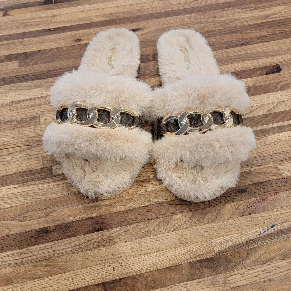 Michael Kors Scarlett Chain Cozy Faux Fur Slippers in camel multi color